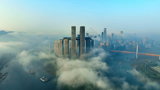 重庆来福士平流雾航拍背景