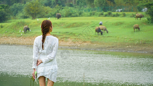 夏天女孩安吉小杭坑绿色草地女孩踏青背影背景