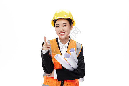 身穿橙色反光马甲微笑点赞的女工程师图片