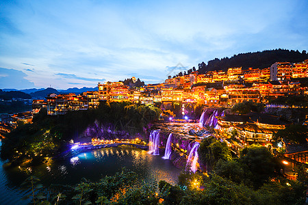 古镇景观芙蓉镇夜景航拍背景