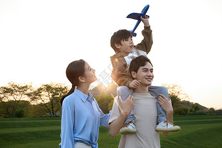 一家人在草坪上玩飞机玩具图片