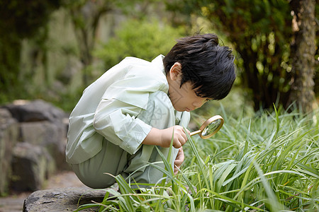 小男孩拿着放大镜蹲在地上观察植物高清图片