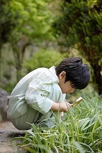 小男孩拿着放大镜蹲在地上观察植物图片