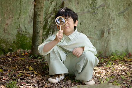 小男孩拿着放大镜在植物园摆拍图片