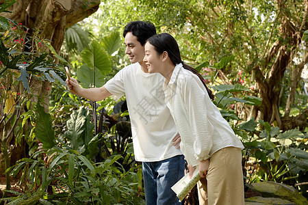 植物园里仔细观察的年轻情侣图片