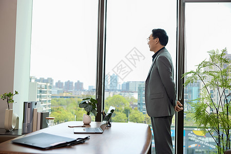 男白领站在办公室的窗边看向窗外图片