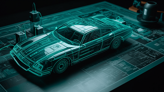 机械师工程师在使用计算机生成汽车模型AR虚拟现实图片