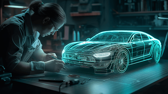 增强现实机械师工程师在使用计算机生成汽车模型AR虚拟现实设计图片