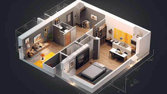 室内设计效果图2.5D一室户公寓室内装修效果图插画