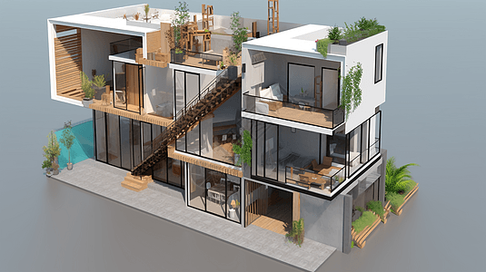 房子效果图温馨小别墅3D两层效果图插画