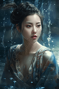 中国古代美女站在水中写实插画高清图片