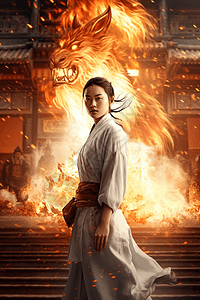 史诗中国古代主题武术风女孩与燃烧雄狮海报图片