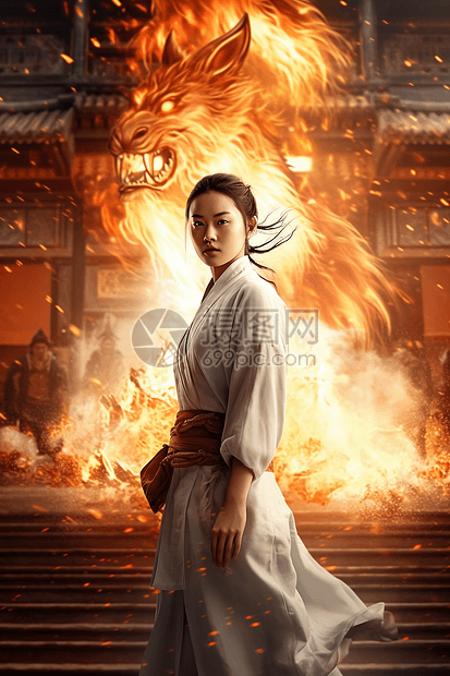 史诗中国古代主题武术风女孩与燃烧雄狮海报图片