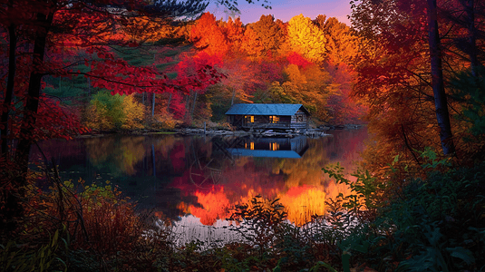 秋季林中小屋风景图片