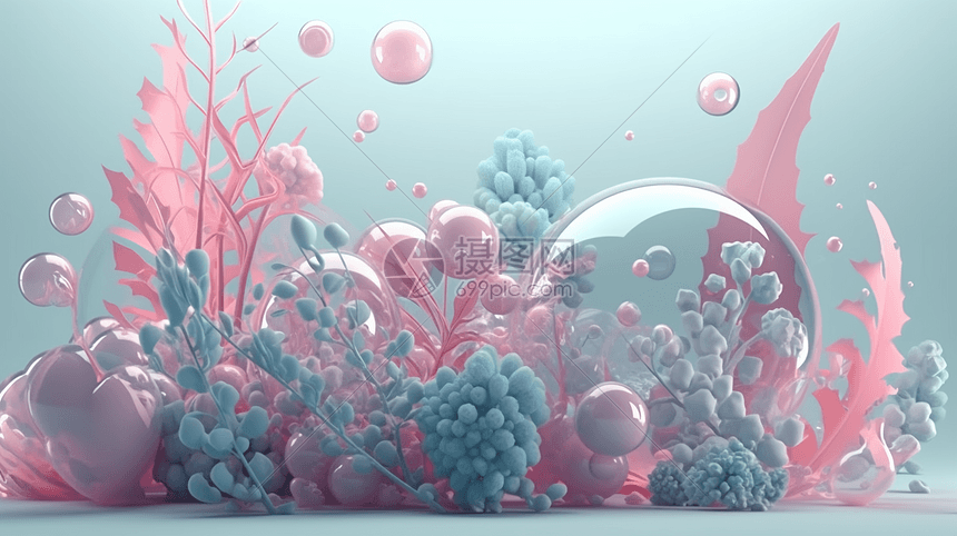 珊瑚海底植物和透明气泡图图片