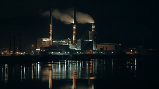 夜间工地夜晚的燃煤发电厂背景