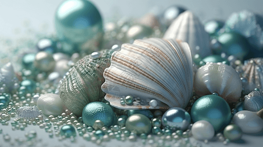蓝色和绿色的海贝壳和散落的珍珠梦幻唯美3D图图片