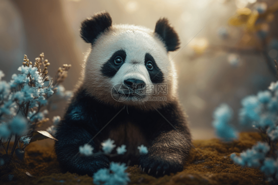 花丛里一只可爱的熊猫图片