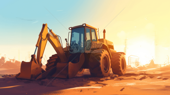 落日下的挖掘机插画图片
