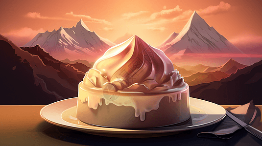 阿尔卑斯山前的一盆奶油蛋糕图片