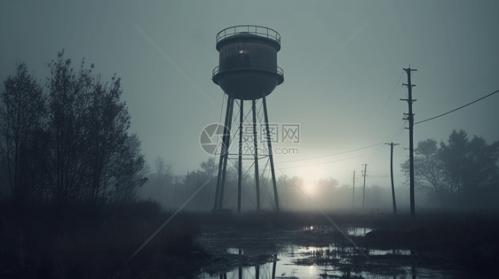 朦胧雾中的水塔图片