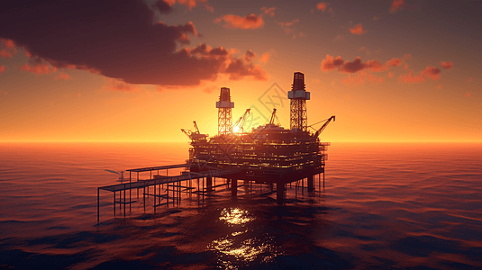 日落时的石油钻井平台图片