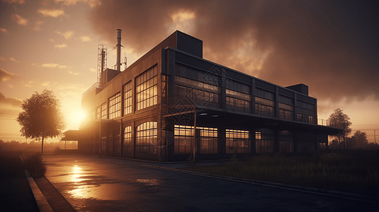 黄昏日落下的厂房建筑图片