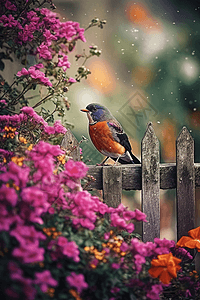 鸟儿坐在花栏上逼真的图片
