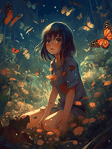 被蝴蝶包围的美丽女孩图片