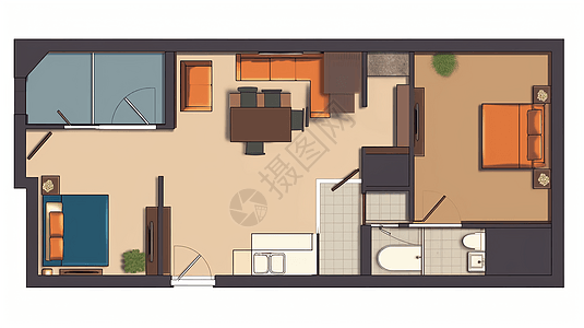 2D小公寓橙色平面图图片