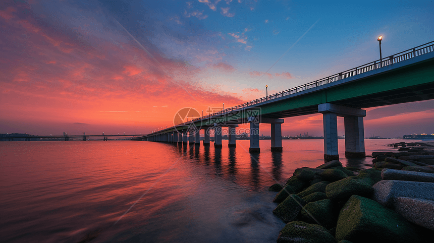 跨海大桥上的落日图图片