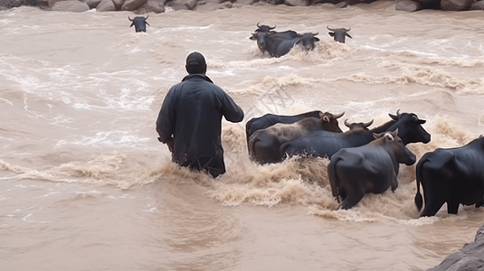 洪水中的牲畜和农民图片
