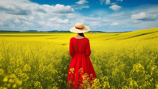 红裙女孩站在油菜花田里的背影高清图片