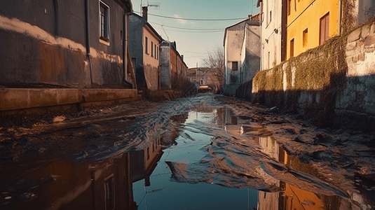 污水横流的小镇街道图片