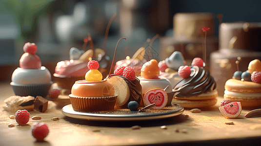 3D动画树莓甜点下午茶图片