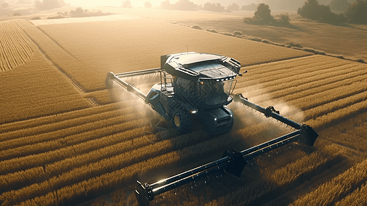 农业设备收割大型农场的鸟瞰图图片