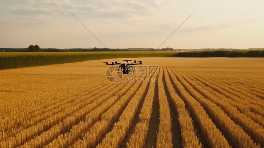 一架无人机在小麦田尚空盘旋图片
