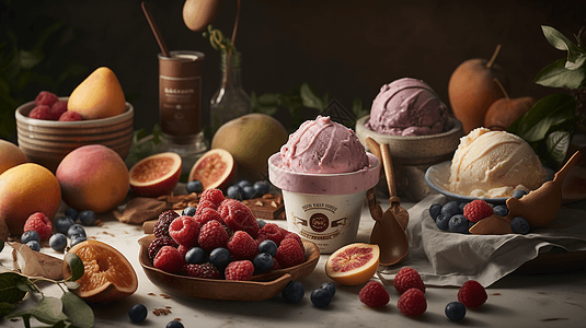 新鲜诱人的各类水果和冰淇淋背景图片
