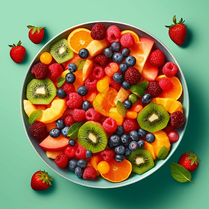 绿色背景下的一碗水果图片