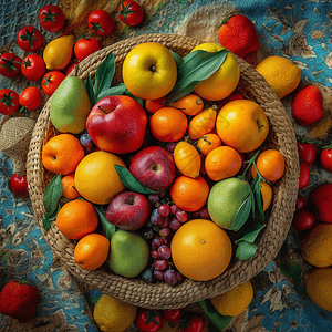 桌上的一篮子五颜六色的水果俯拍图片