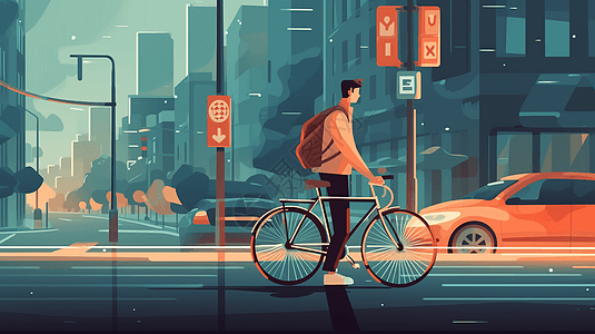 推着自行车穿越街道的行人图片