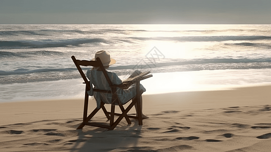 海边老人沙滩椅上阅读图片
