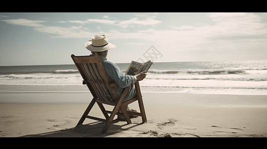 老人在海边沙滩椅上阅读高清图片