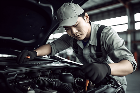 修理和检查汽车的汽修工人图片