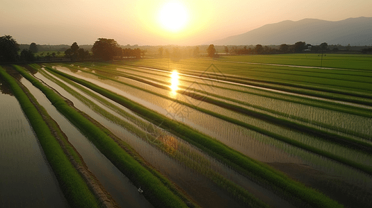 夕阳下的水稻灌溉图片