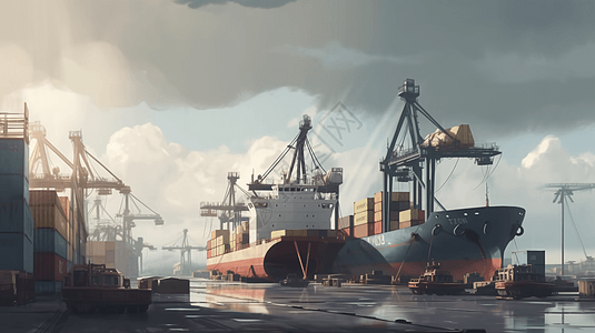 集装箱船舶在码头卸货的货船插画