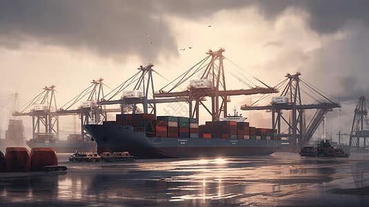 集装箱船舶用起重机在码头卸货的货船插画