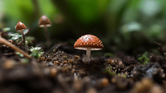 微缩雨后的蘑菇高清图片