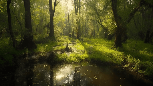 湿地森林绿色植物与阳光图片