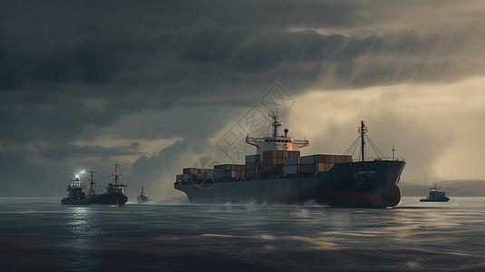 货船在阴天驶离港口图片